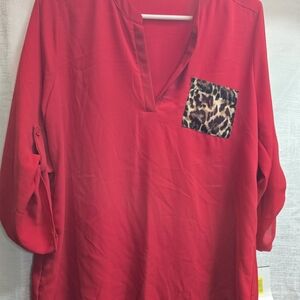 Red Women's Top with Leopard Print Pocket